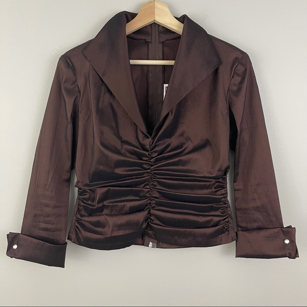 TADASHI SHOJI Dark Brown Taffeta Ruched Formal Fitted Top